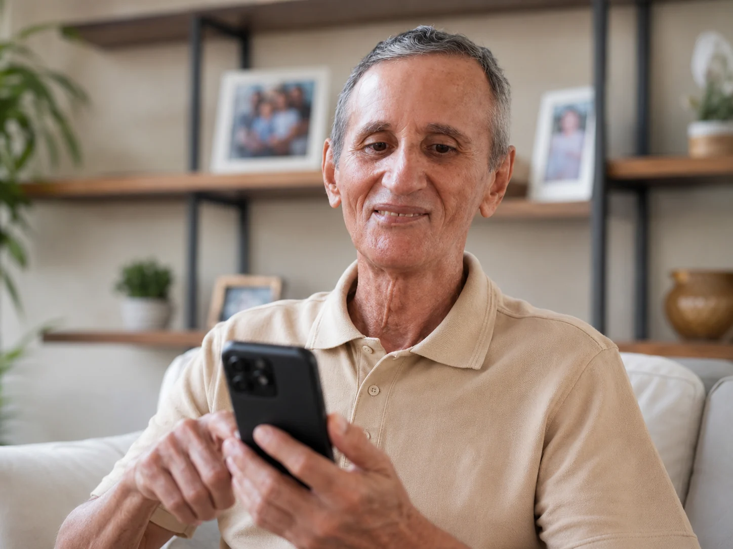 Homem idoso ouvindo uma explicação em áudio no celular